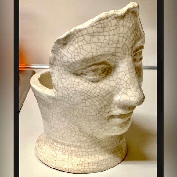 Vintage Glazed Pottery Greco Roman Androgynous Face Archaic Smile Planter Vase - Picture 2 of 11